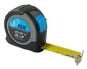 ox tools ox-p029225 25 ft tape measure, 1-1/16 inch wide tape, abs case with rugged over mold, ox grip horn hook, double sided tape printing, inch fractional markings