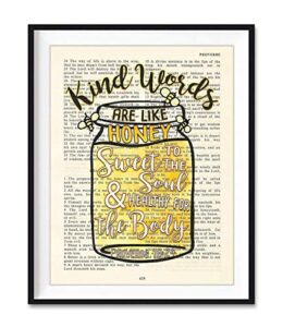 kinds words are like honey, sweet to the soul, proverbs 16:24, christian reproduction art print, unframed, vintage bible verse scripture wall and home decor poster, inspirational gift, 5x7 inches
