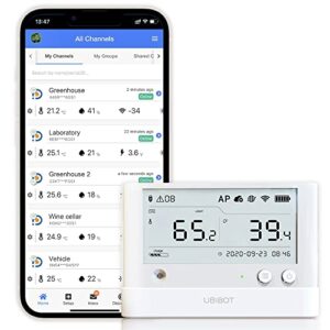 ubibot ws1pro wifi temperature & humidity monitor, no subscription fee, 7 * 24 monitor and alerts, 4.4” lcd screen, work with alexa, ifttt