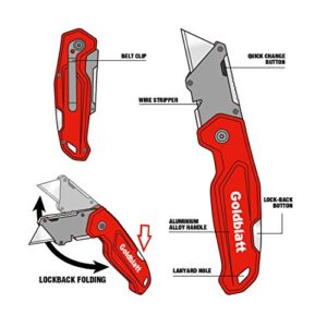 Goldblatt Folding Utility Knife, Quick Change Blade Mechanism & Aluminum Alloy Handle with 10-piece Extra Blades, Pocket Size