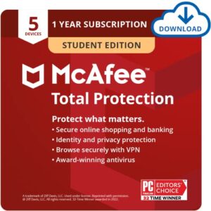 mcafee total protection 2022 student edition | 5 device | antivirus internet security software | vpn, password manager, dark web monitoring | pc/mac/android/ios | 1 year subscription | download code - prime student exclusive