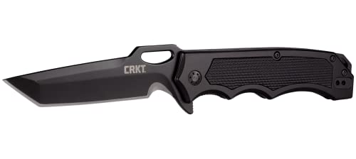 CRKT Septimo EDC Folding Pocket Knife: Everyday Carry, Black Serrated Edge Tanto, Veff Serrations Flipper and Thumb Slot Opening, Aluminum Handle with TPR Insert, Reversible Pocket Clip 7050
