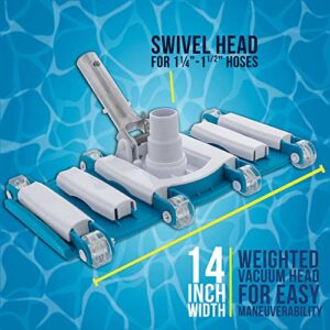 U.S. Pool Supply 14" Weighted Flexible Concrete Swimming Pool Vacuum Head with Swivel Hose Connection & Aluminum Spring Action Pole Handle - Connect 1-1/4" or 1-1/2" Hose