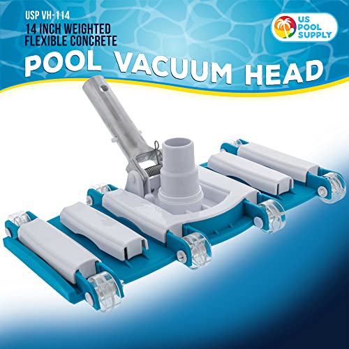 U.S. Pool Supply 14" Weighted Flexible Concrete Swimming Pool Vacuum Head with Swivel Hose Connection & Aluminum Spring Action Pole Handle - Connect 1-1/4" or 1-1/2" Hose