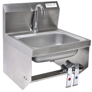 bk resources bkhs-d-1410-1-bkk-pg wall mounted stainless steel hand sink with 3.5" gooseneck faucet and knee valves, 14" x 10" bowl size