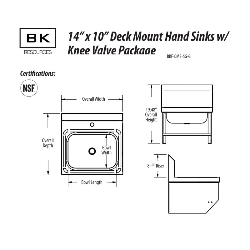 BK Resources BKHS-D-1410-1-BKK-PG Wall Mounted Stainless Steel Hand Sink with 3.5" Gooseneck Faucet and Knee Valves, 14" x 10" Bowl Size