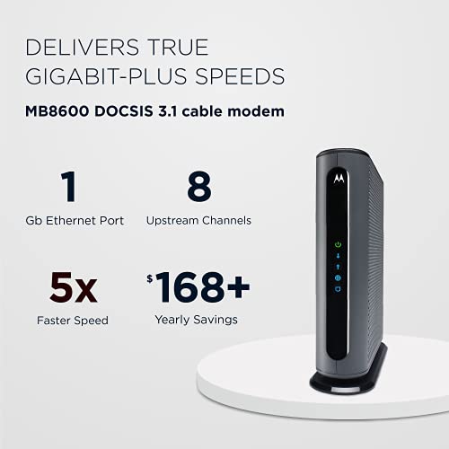 Motorola MB8600 DOCSIS 3.1 Cable Modem - Approved for Comcast Xfinity, Cox, and Charter Spectrum, Supports Cable Plans up to 1000 Mbps | 1 Gbps Ethernet Port