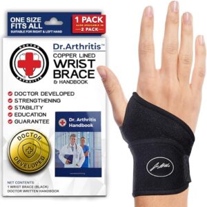 dr. arthritis doctor developed copper wrist brace/wrap for carpal tunnel support, wrist splint brace -f.d.a. medical device & doctor handbook-night support for women men-right & left hands (single)