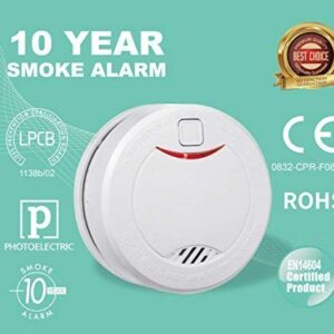 10 Year Battery Smoke Detector Alarm, with Photoelectric Sensor, Auto Test