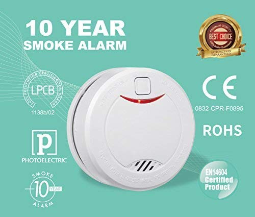 10 Year Battery Smoke Detector Alarm, with Photoelectric Sensor, Auto Test