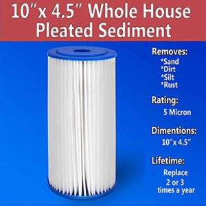 Big 10 x 4.5 inches Pleated Washable & Reusable Sediment Filter 5 Micron Amplified Surface Area, Removes Sand, Dirt, Silt, Rust, Extended Filter Life for 10" Big Housing (Set of 4)
