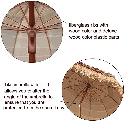 AMMSUN 7.5ft Hula Thatched Tiki Patio Beach Umbrella Hawaiian Style 10 Ribs UPF 50+ with Tilt Carry Bag for Outdoor Tiki Bar, Tropical Palapa, Patio Garden Beach Pool Backyard Natural Color