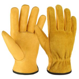 ozero leather work gloves flex grip tough cowhide gardening glove for wood cutting/construction/truck driving/garden/yard working for men and women 1 pair (gold,medium)