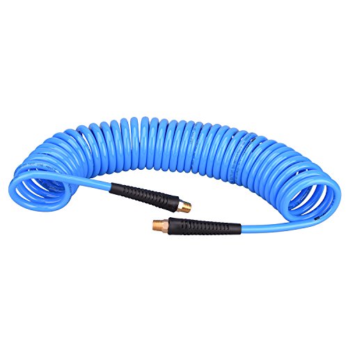 WYNNsky 25 Feet Polyurethane Coiled Air Compressor Hose, 1/4 Inch MNPT Brass Swivel Air Fittings with Bend Restrictor