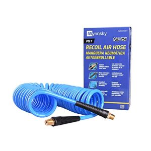 WYNNsky 25 Feet Polyurethane Coiled Air Compressor Hose, 1/4 Inch MNPT Brass Swivel Air Fittings with Bend Restrictor