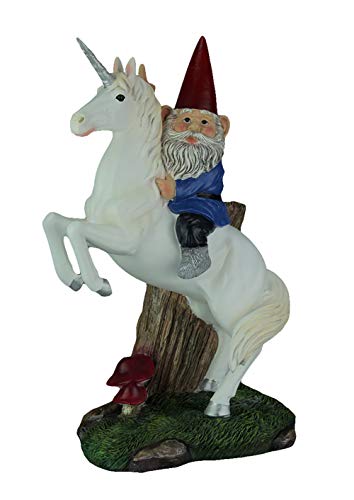 RUNADI Magical Adventure Garden Gnome on Unicorn Lawn Figurine, 13 1/2 Inch