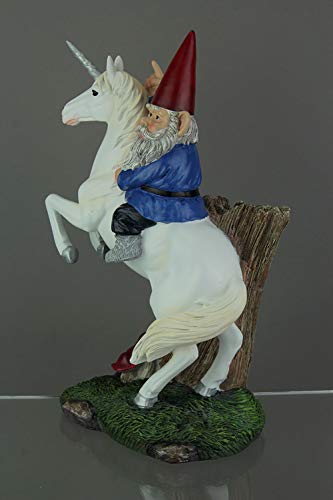 RUNADI Magical Adventure Garden Gnome on Unicorn Lawn Figurine, 13 1/2 Inch