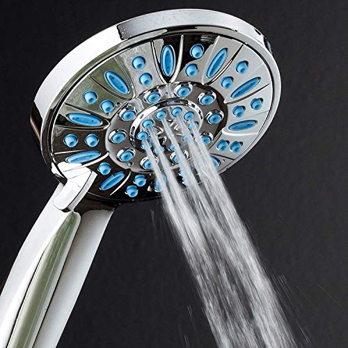 Anti-Clog High-Pressure 6-setting Hand Shower by AquaDance with Nozzle Protection from Growth of Grime for Stronger Shower! Aqua Blue