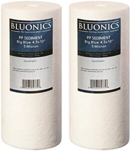 bluonics 4.5" x 10" sediment replacement water filters package of 2 (5 micron) standard size whole house cartridges for rust, iron, sand, dirt, sediment and undissolved particles