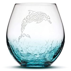 integrity bottles tribal dolphin design stemless wine glass, handmade, handblown, hand etched gifts, sand carved, 18oz (crackle teal)