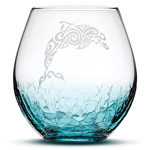 Integrity Bottles Tribal Dolphin Design Stemless Wine Glass, Handmade, Handblown, Hand Etched Gifts, Sand Carved, 18oz (Crackle Teal)