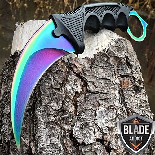 TACTICAL COMBAT KARAMBIT NECK KNIFE Survival Hunting BOWIE Fixed Blade RAINBOW