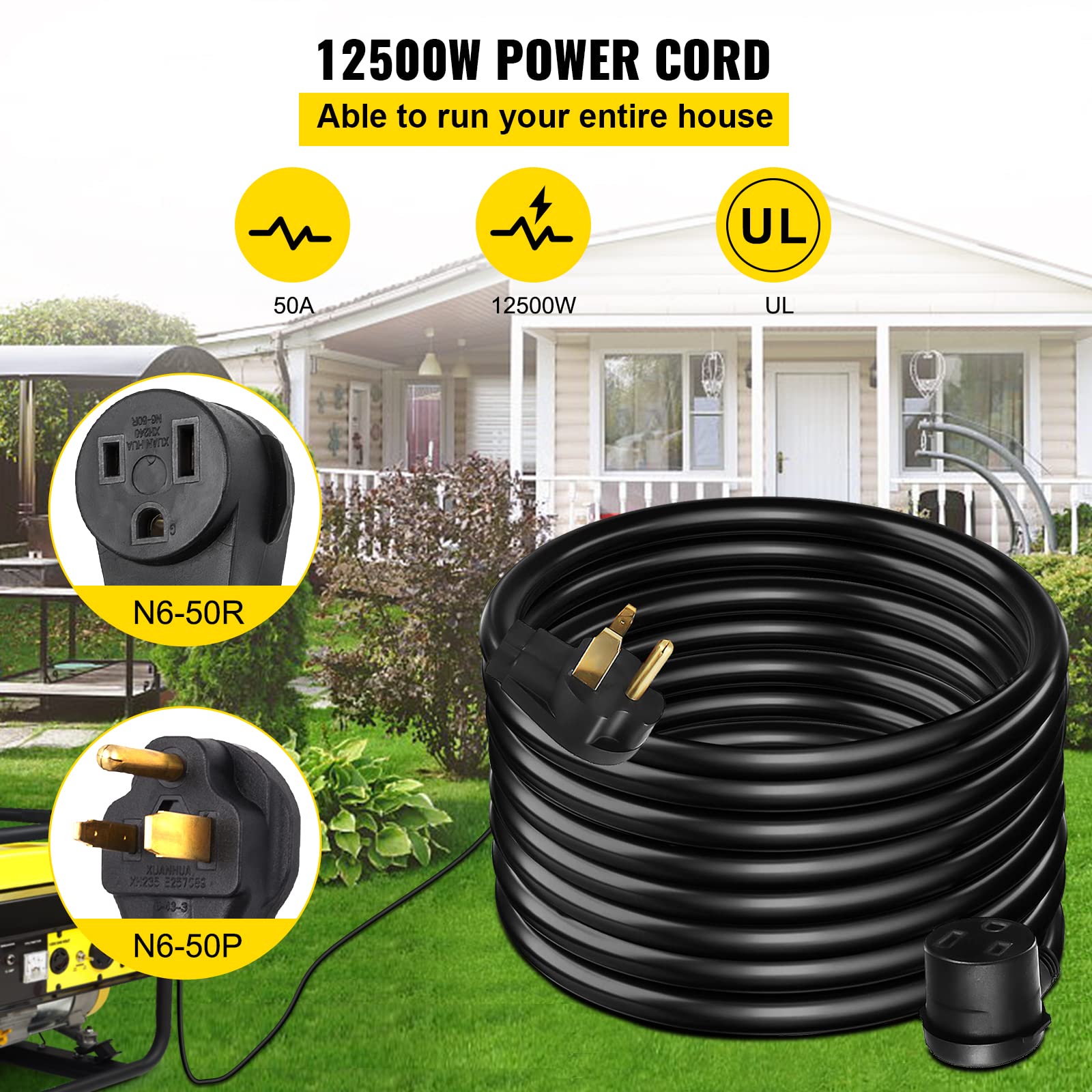 VEVOR Extension Cord, 50ft 250 Volt, 10 Gauge Heavy Duty Outdoor Welder Extension Cord with 10 Awg 3 Prong, 50 Amp Power Extension for Welding Machines, NEMA 6-50 Plug, ETL Approved, Black