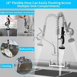 JZBRAIN Commercial Faucet with Sprayer 8 Inch Center 25" Height Wall Mount Kitchen Sink Faucet Add On 12" Spout and Pull Down Pre Rinse Sprayer Faucet for 1, 2 or 3 Compartment Sink (Polished Chrome)