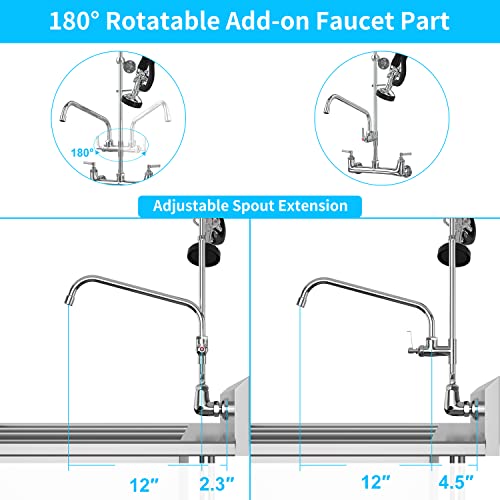 JZBRAIN Commercial Faucet with Sprayer 8 Inch Center 25" Height Wall Mount Kitchen Sink Faucet Add On 12" Spout and Pull Down Pre Rinse Sprayer Faucet for 1, 2 or 3 Compartment Sink (Polished Chrome)