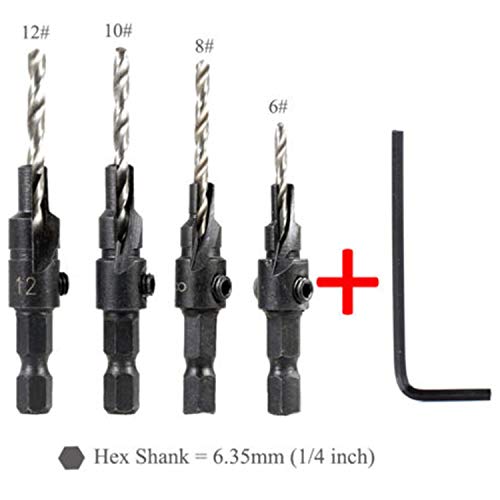 OCGIG HSS Countersink Drill Bit Quick Change Hex Shank Screw Chamfer Counter #6#8#10#12, with 1/4" Hex Shank and Allen Wrench,for Woodworking Drilling Holes