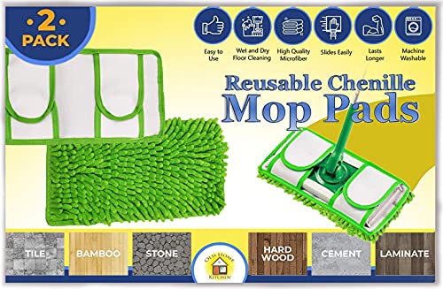 Reusable Chenille Mop Pads | Washable Pads for Standard Mop Heads | Swiffer Compatible Dry Mop for Dust, Pet Hair, and Light Spills | Washable Microfiber Mop Head Replacement - Set of 2