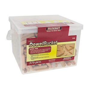 milescraft 53460003 5346 dowel pin bucket-375 wooden dowels-1/4in (200 pcs.) -5/16in (100pcs.)-3/8in dia. (75pcs.) made of hardwood-ideal for woodworking projects, original version