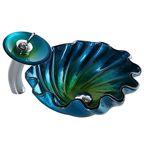 KunMai Blue&Green Seashell Wave Tempered Glass Bathroom Vessel Sink & Waterfall Faucet Set Chrome