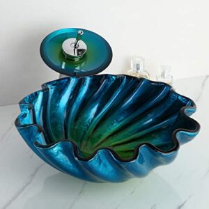 KunMai Blue&Green Seashell Wave Tempered Glass Bathroom Vessel Sink & Waterfall Faucet Set Chrome