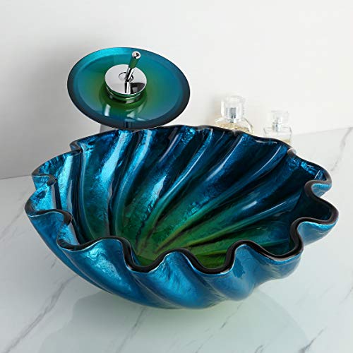 KunMai Blue&Green Seashell Wave Tempered Glass Bathroom Vessel Sink & Waterfall Faucet Set Chrome