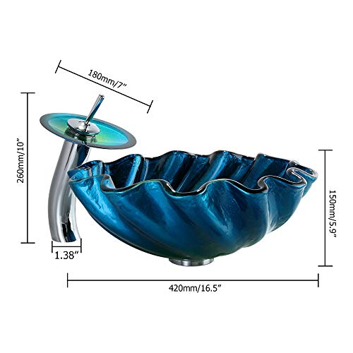 KunMai Blue&Green Seashell Wave Tempered Glass Bathroom Vessel Sink & Waterfall Faucet Set Chrome