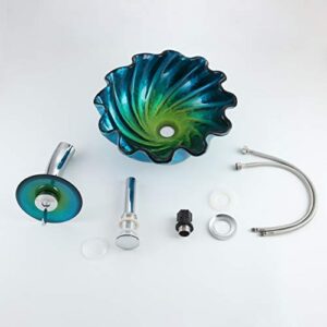 KunMai Blue&Green Seashell Wave Tempered Glass Bathroom Vessel Sink & Waterfall Faucet Set Chrome