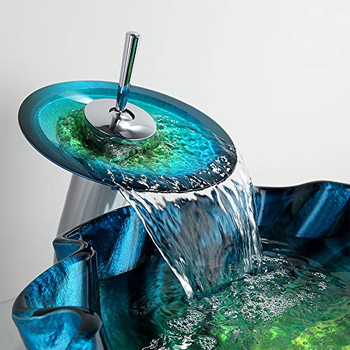 KunMai Blue&Green Seashell Wave Tempered Glass Bathroom Vessel Sink & Waterfall Faucet Set Chrome