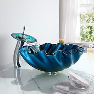 KunMai Blue&Green Seashell Wave Tempered Glass Bathroom Vessel Sink & Waterfall Faucet Set Chrome