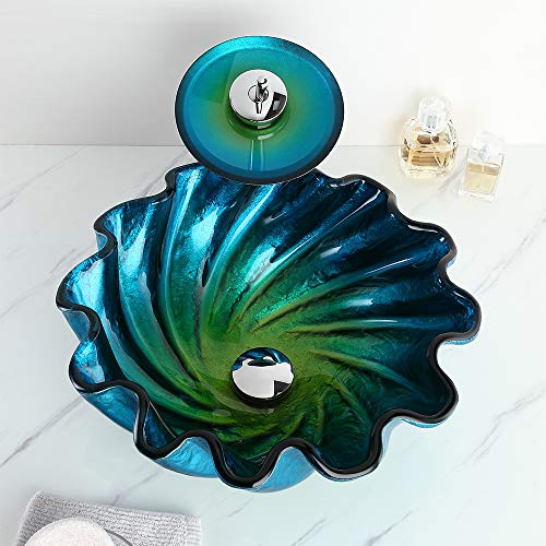 KunMai Blue&Green Seashell Wave Tempered Glass Bathroom Vessel Sink & Waterfall Faucet Set Chrome