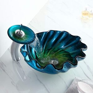 KunMai Blue&Green Seashell Wave Tempered Glass Bathroom Vessel Sink & Waterfall Faucet Set Chrome