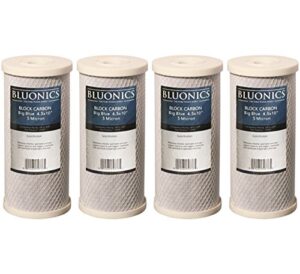 bluonics carbon block replacement water filters 4 pcs (5 micron) 4.5" x 10" cartridges for chlorine, herbicides, insecticides, bad taste and odor