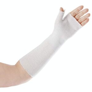 rolyan thumb spica stockinette, stockinette tubing, cotton stockinette for pre-wrap use, cotton wrist sleeve for skin protection under splints, splint fabrication liner, pack of 10, size small