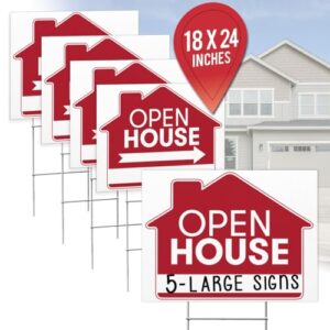 open house real estate signs – 18x24 inches 5 pack set - double sided red property yard sign bulk pack - includes 5 heavy duty rust free h wire stakes - large directional arrows realtor agent supplies