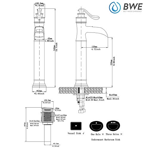 BWE Waterfall Spout Oil Rubbed Bronze Single Handle One Hole Bathroom Sink Vessel Faucet ORB Lavatory Faucets Deck Mount Tall Body Commercial