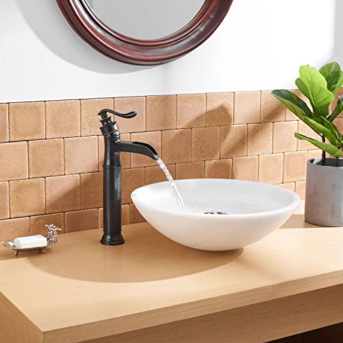 BWE Waterfall Spout Oil Rubbed Bronze Single Handle One Hole Bathroom Sink Vessel Faucet ORB Lavatory Faucets Deck Mount Tall Body Commercial