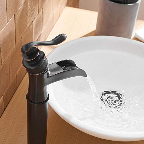 BWE Waterfall Spout Oil Rubbed Bronze Single Handle One Hole Bathroom Sink Vessel Faucet ORB Lavatory Faucets Deck Mount Tall Body Commercial