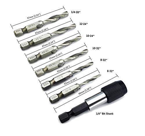 NORTOOLS Drill Tap HSS Combination Drill and Tap Set with 1/4 Inch Quick Change Adapter,6-32 to 1/4-20 Screw Tapping bit Tool