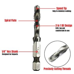 NORTOOLS Drill Tap HSS Combination Drill and Tap Set with 1/4 Inch Quick Change Adapter,6-32 to 1/4-20 Screw Tapping bit Tool