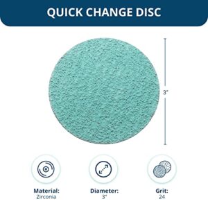 Benchmark Abrasives 3" Quick Change Green Zirconia Sanding Discs with Male R-Type Backing for Surface Finish Grind Polish Burr Rust Paint Removal Use with Die Grinder (25 Pack) - 24 Grit